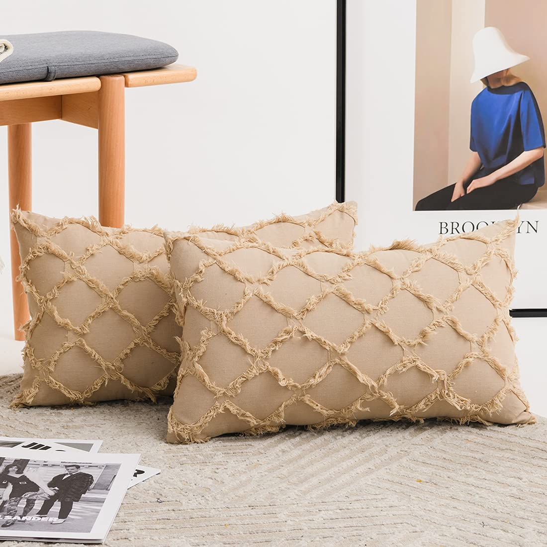 Housse de coussin bohème jacquard losanges en lin et coton haut de gamme