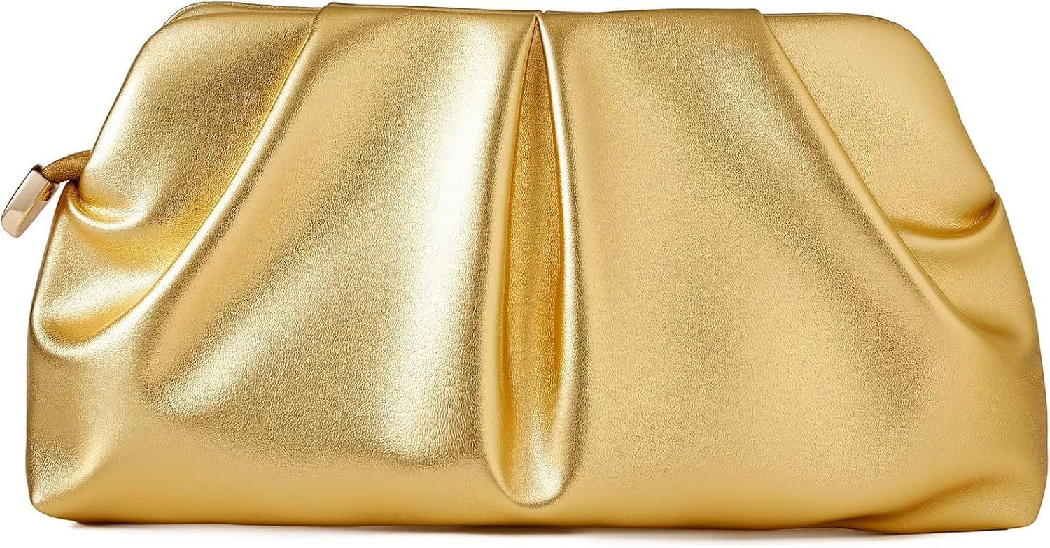 Women’s Dressy Evening Bag Ruched PU Leather Clutch Purse with Detachable Metal Chain Crossbody Shoulder Bag