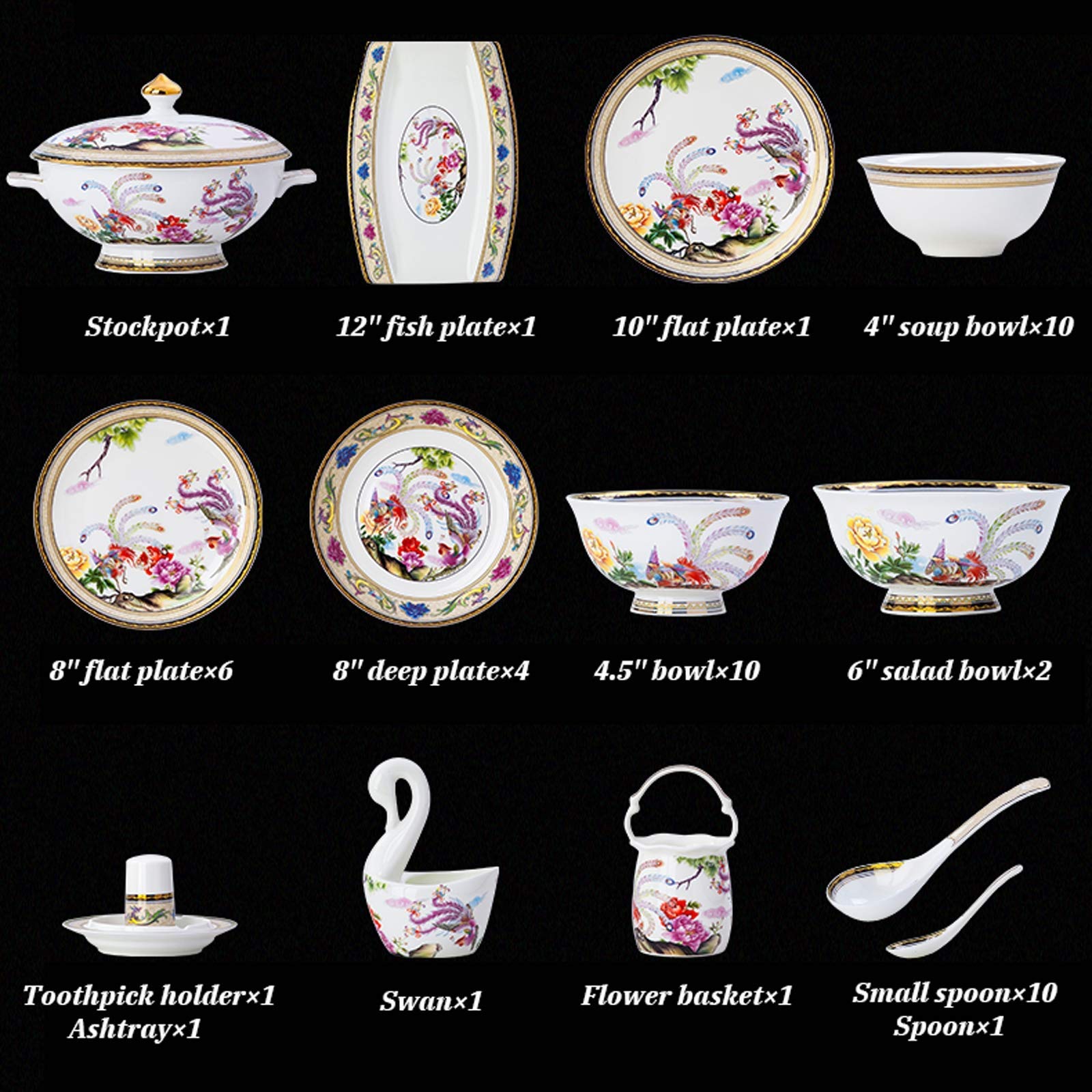 Klasyczna zastawa stołowa z ceramiki, Zestaw naczyń ceramicznych, Wysokiej klasy emaliowany porcelanowy garnek/talerz/miska na zupę | Zestawy obiadowe z porcelany kostnej, 50 sztuk