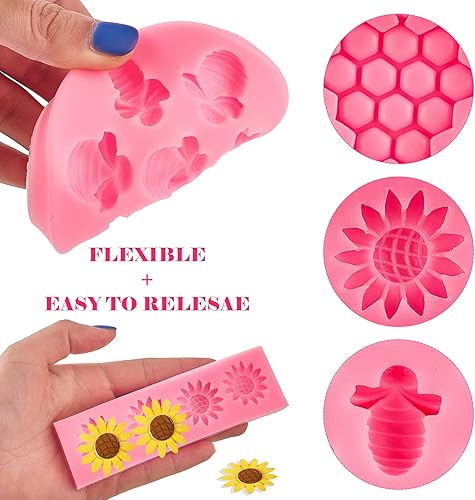 Miniatura 3 de Ocmoiy Molde de silicona de abeja de abejorro, 4 moldes de fondant de panal de girasol y abeja para decoración de cupcakes, pasteles, azúcar,