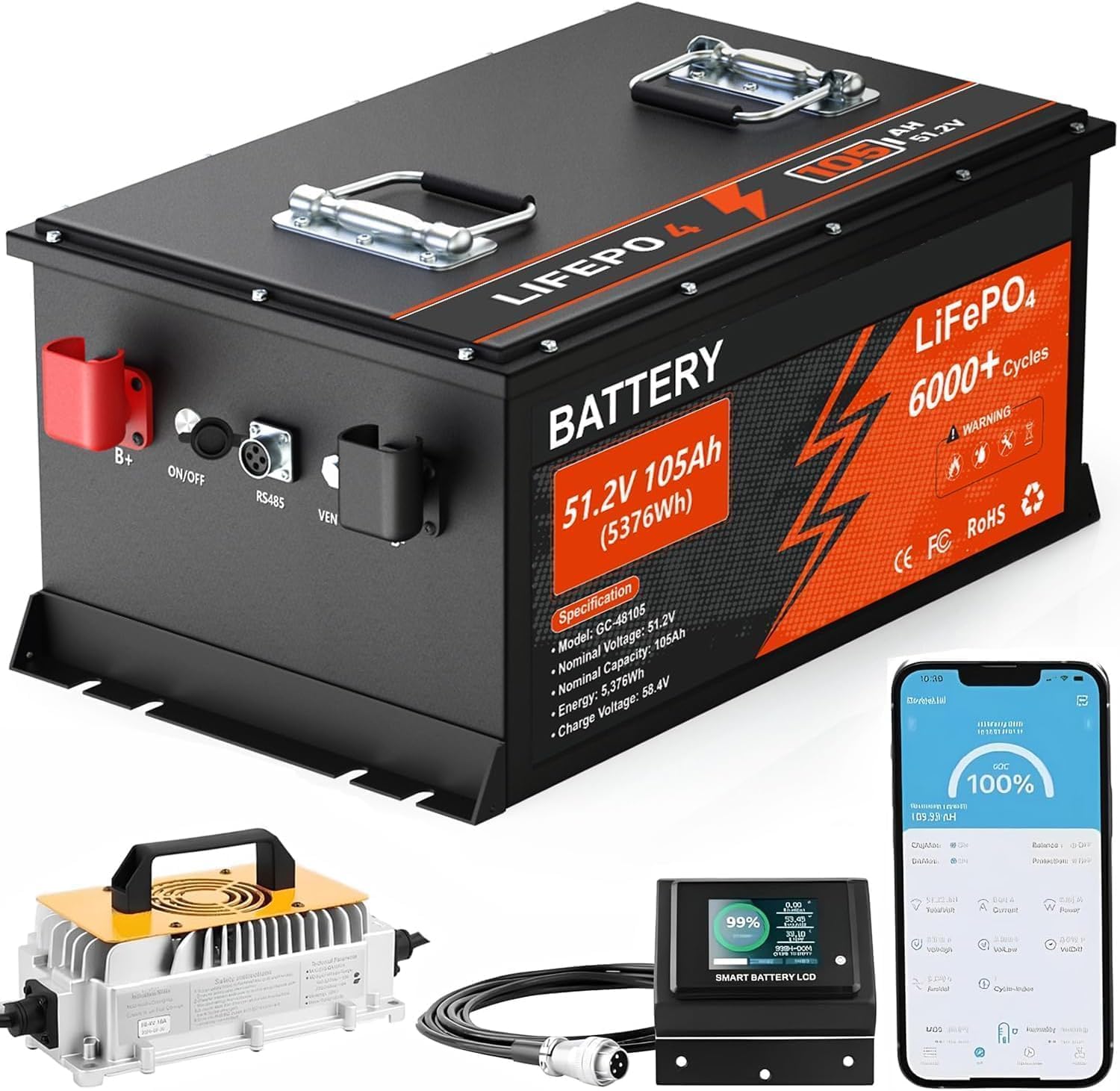 48V 105Ah Lithium Golf Cart Battery, 6000+ Cycles Rechargeable LiFePO4 Battery with 58.4V 18A Charger, Built-in 200A BMS, Stainless Steel Case, Touch LCD Monitor & Mobile APP, Perfect for Golf Carts