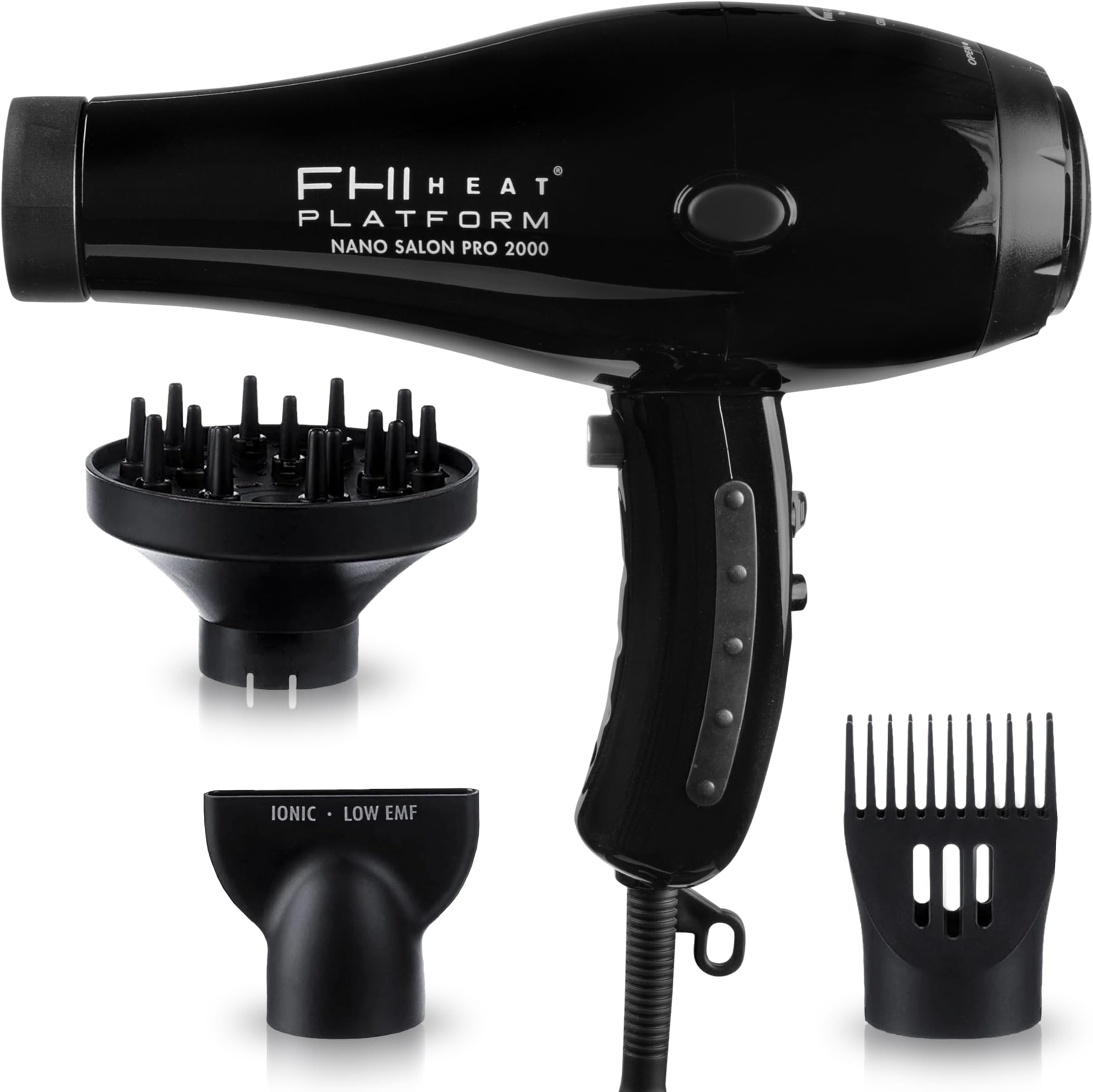Platform Nano Power Salon Pro 2000 Tourmaline Ceramic Quick Dry Hair Dryer with 3 Piece Attachment Set (Comb, Concentrator, and Diffuser), Black