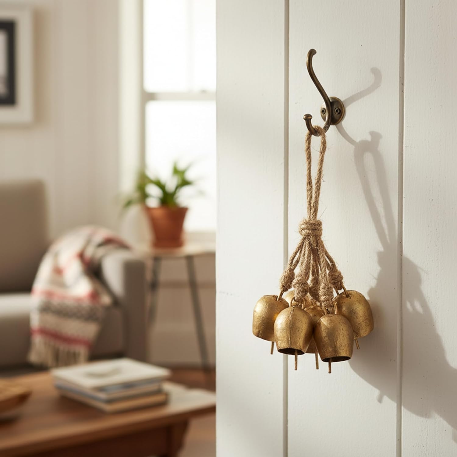 Brass Hanging Bells with Jute Rope, Traditional Wall Mount Temple Bells for Home Decoration and Pooja, Gold, Medium Size, Pack of 5