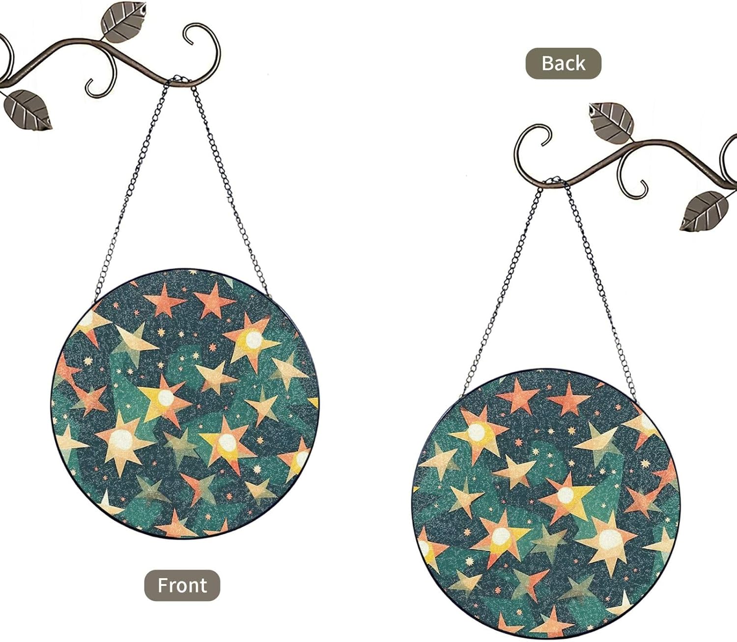 Stained Glass Window Hanging 10in Window Suncatcher Glass Panel with Metal Chain Atomic Stars Retro Pattern Print Sun Catchers Wall Art Home Decor Gift for Women Mother's Day