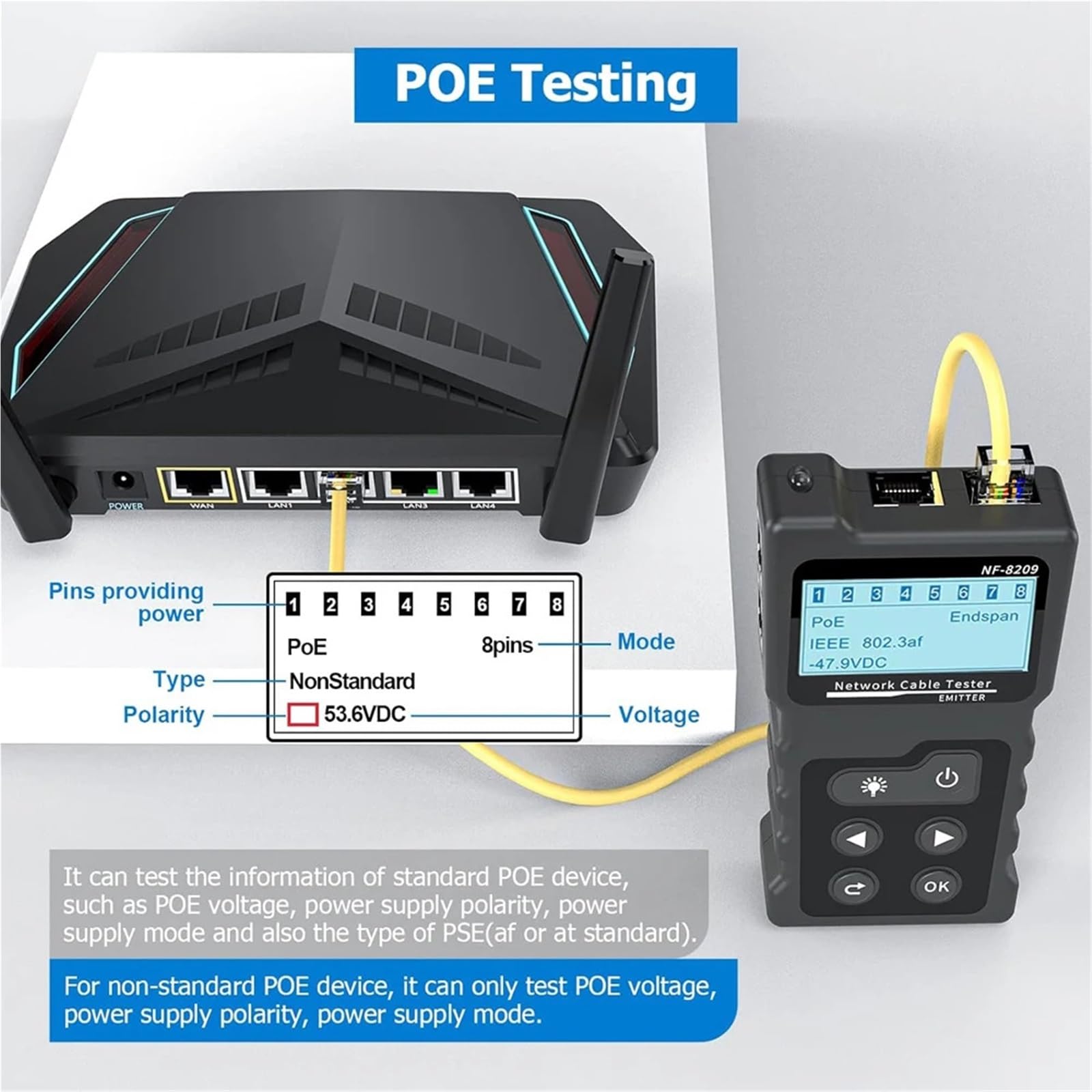 Localizzatore di Cavi, Tester for cavi di rete NF-8209, misuratore lunghezza, display LCD, strumenti PoE