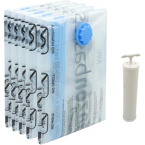 Amazon Basics Vacuum Compression Storage Bags With Hand Pump, Medium, 5-Pack, White, Sky Blue