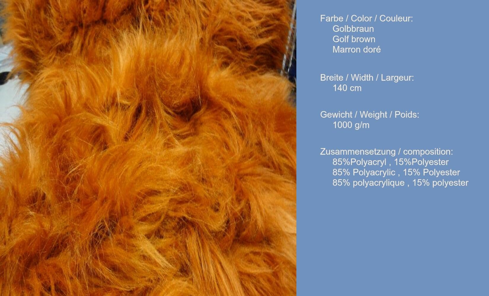 Fabrics-City golbbraun Mammutfell Stoff über 11cm Langhaar Zottel Fell für Dekoration, Cosplay, Tierkostüme, Heimtextilien, Bastelprojekte, Tierliebhaber, Sammler, 3212