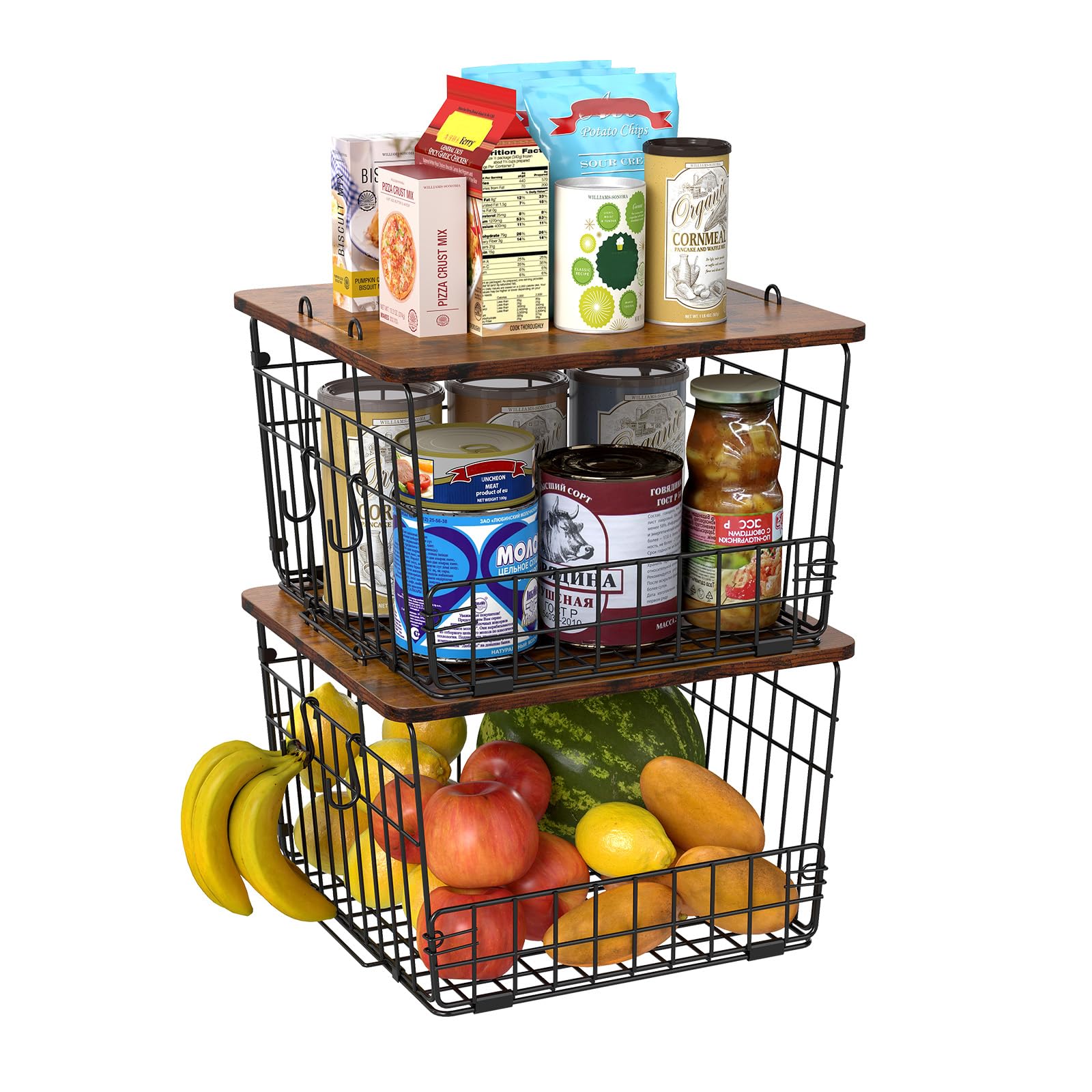 Delamu 2 Pack Potato and Onion Storage, Pantry Organizer and Storage with Wood Top, Kitchen Counter, Under Sink Organizing for Onion ＆ Potato Metal Storage Baskets, 13.4"D x 11.8"W x 8.5"H, Black