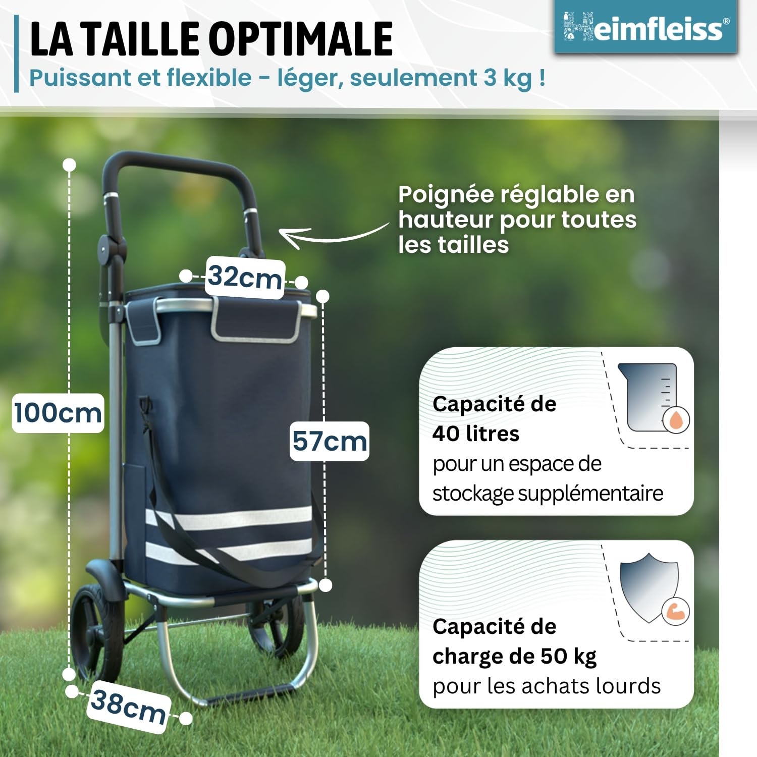 Heimfleiss® Chariot de Courses Pliable 56L | Caddie de Courses Pliant avec 50kg de Charge Utile | Sac de Courses Léger à roulettes | Chariot de Shopping XL avec Compartiment Isotherme | Bleu