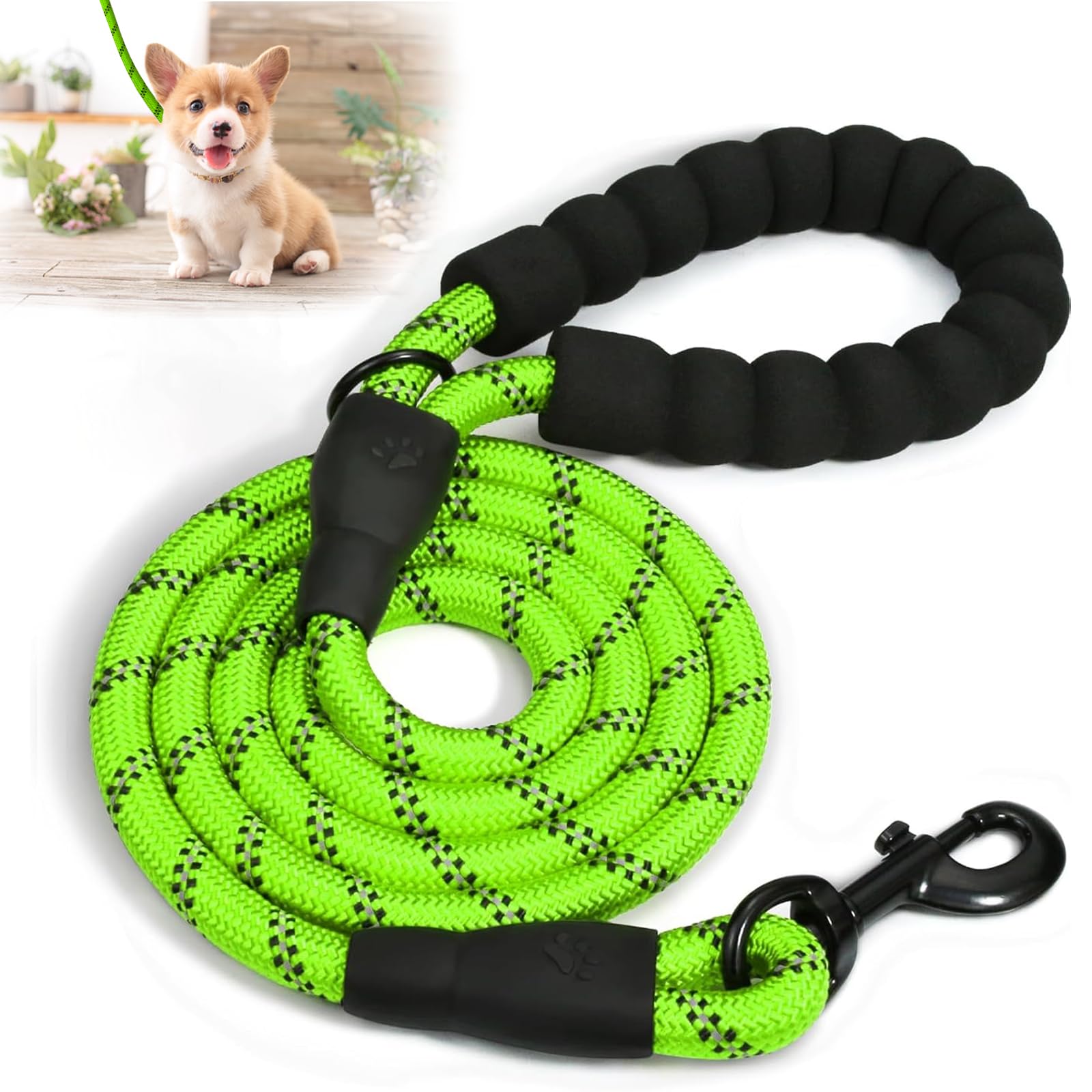 Heavy Duty Dog Lead for Medium/Large Dogs, Durable Rope Leash with Ergonomic Padded Handle & Reflective Safety Stripe (Green