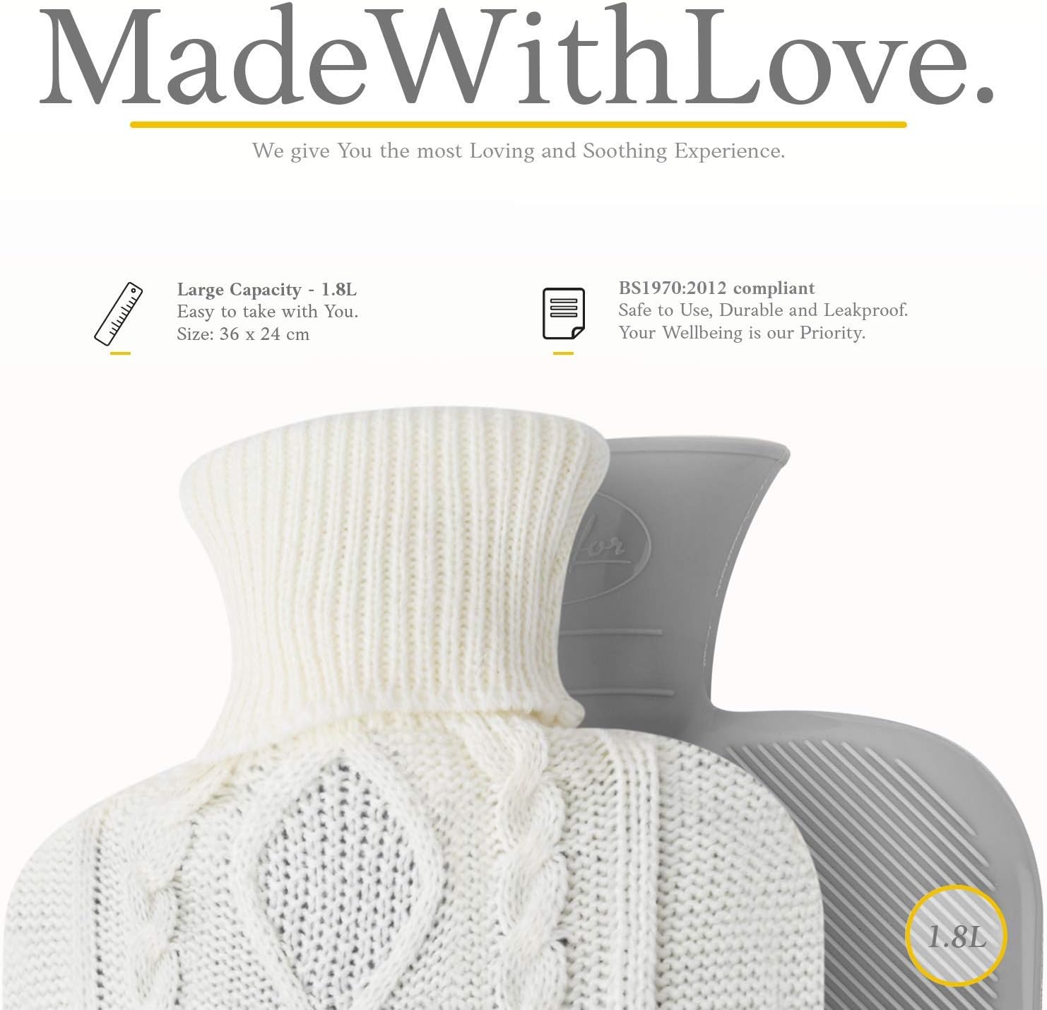 Hot Water Bottle, with Soft Premium Knitted Cover, Off White, 2L, Heating Pad for Menstrual Cramps and Period Comfort - Image 4