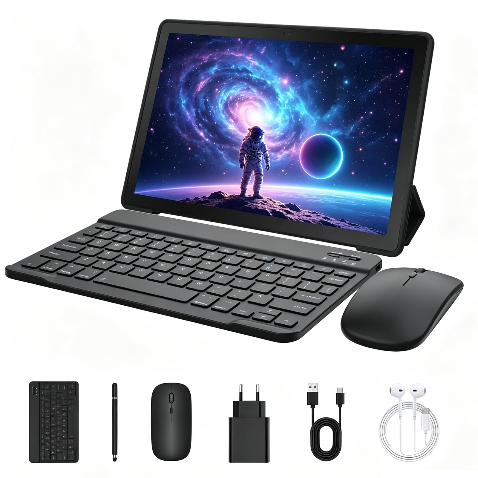 Tablet 10 Zoll Android 16 Tablets PC mit Schutzhülle Tastatur Maus Stift Kopfhörer Netzteil Kabel 20 GB RAM 64 GB ROM IPS 1280x800 Dual-Kamera 5 MP+8 MP 5000 mAh WiFi 6 BT 5.4 (Schwarz)