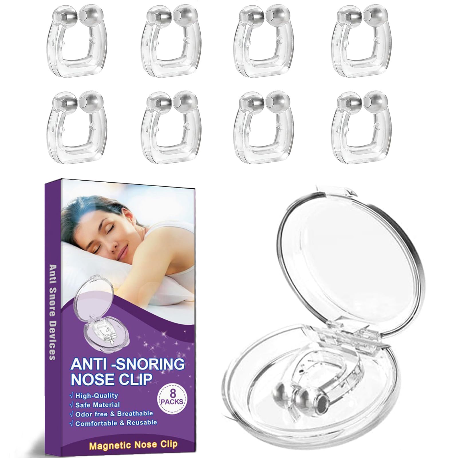 Anti Snoring Devices(8 Pack), Silicone Magnetic Stop Snoring Solution, Comfortable & Professional Anti Snoring Nose Clip for Men and Women
