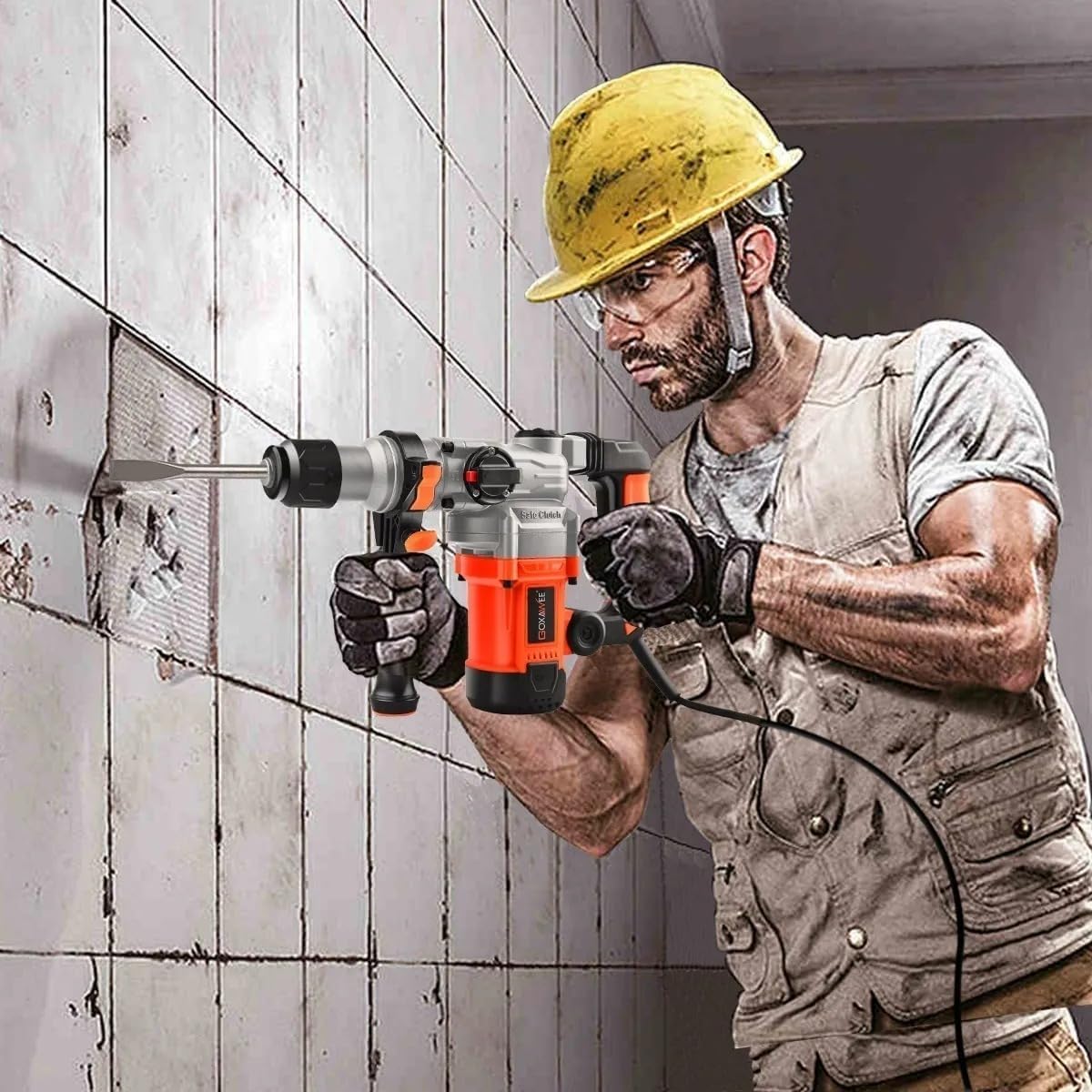 Worker using GOXAWEE Rotary Hammer Drill for chiseling