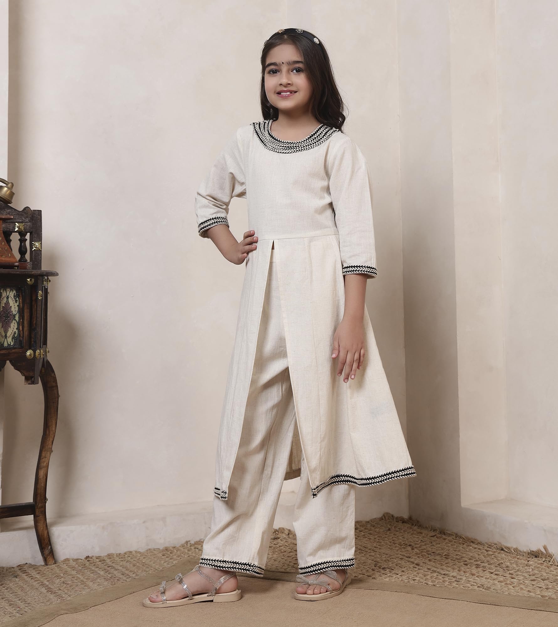 Bugandbees Girls Solid Cotton Flex Slit Style Kurta With Ankle Length Pant Fusion Co-Ord Set|Kids Clothes For Girls Dress 12-13 Years New|Two Piece|Casual Wear(BBCO00000411_12-13Y_Off-White) 1