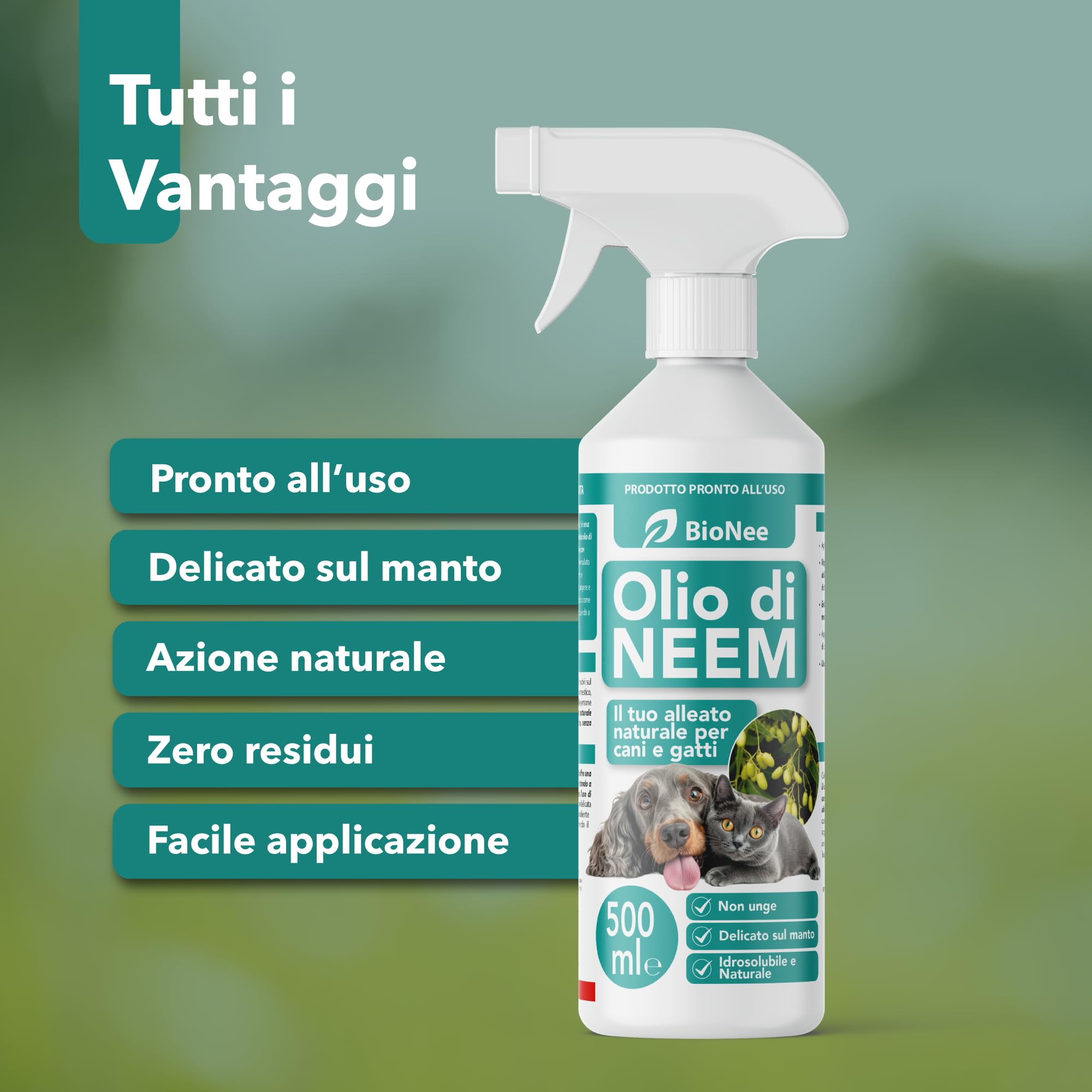 Olio di Neem per Cani e Gatti Spray 500 ml – Idrosolubile, Naturale, Non Unge – Azione Delicata, Effetto Barriera Sgradito a Zecche Pulci Zanzare Insetti
