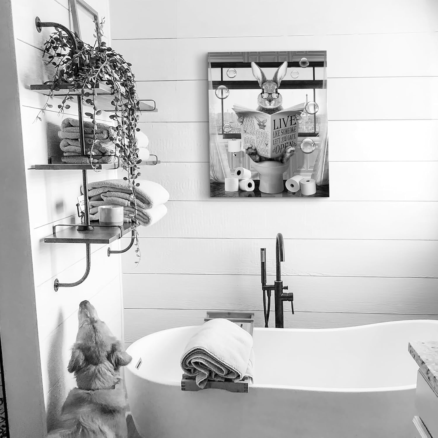 Luslya Funny Rabbit Bathroom Decor Wall Art Cute Rabbit Sitting in Toilet Reading Newspaper Painting Black and White Bathroom Wall Decor Framed Poster for Bathroom Toilet Decoration 12x16 inch