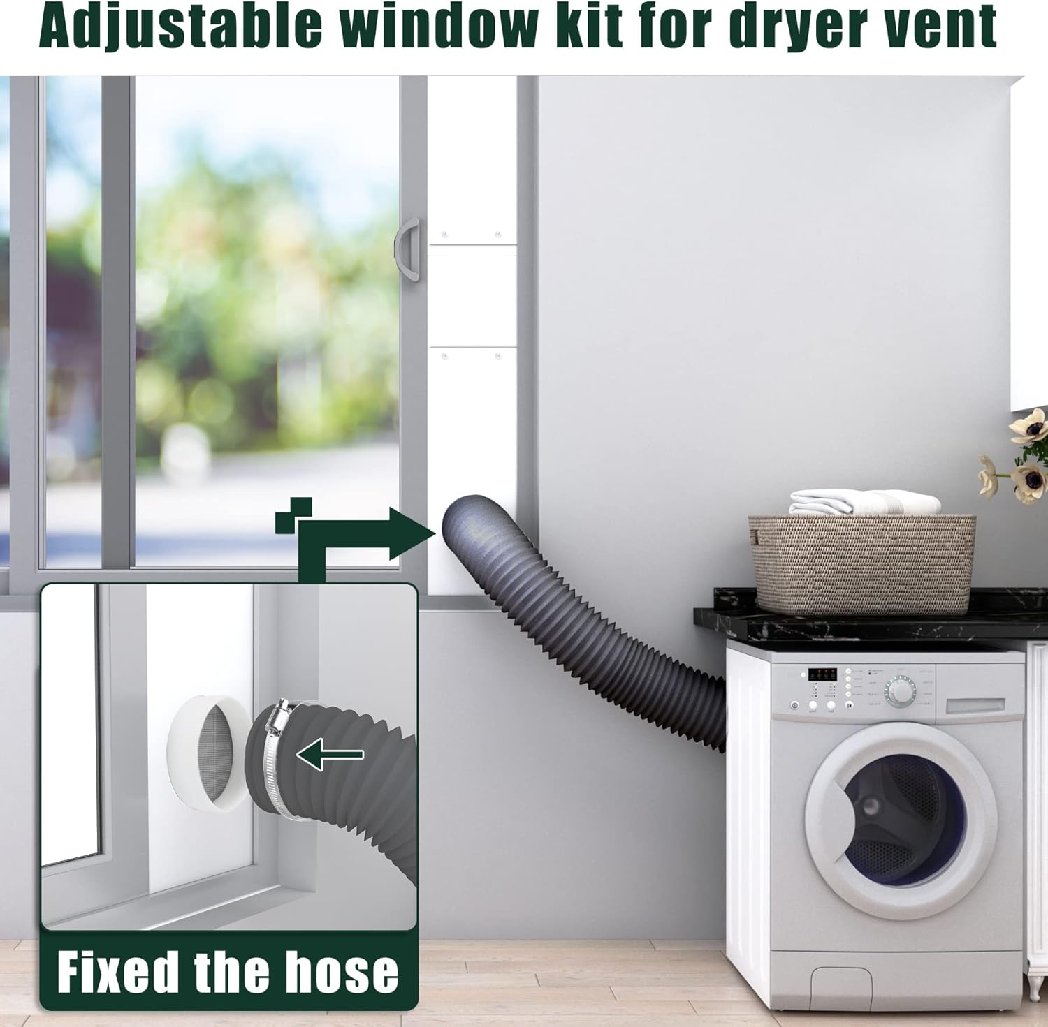 Flehomo Dryer Vent Window Kit, Include Dryer Vent Cover with Moving Flaps, Dryer Vent Kit for 4" Diameter Dryer Hose, Adjustable Window Vent Kit for Sliding Windows with Insulating Aluminum Seal Tape