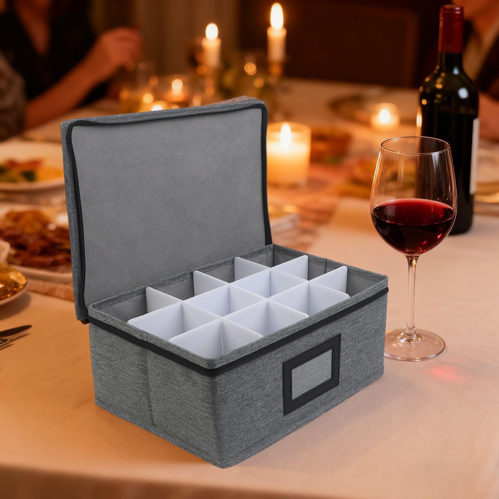 Whiskyglas-Aufbewahrungsbox mit 12 Trennwänden, Oxford-Stoff, Weinglas-Organizer mit Griffen, schützende Hartschalenträger für Glen Cain Gläser, Grau