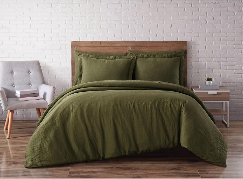 Brooklyn Loom Linen Duvets Olive Green Linen 3-Piece Full/Queen Duvet Set, Solid Color Themed, for Men and Women, Oeko-TEX Certified Confidence