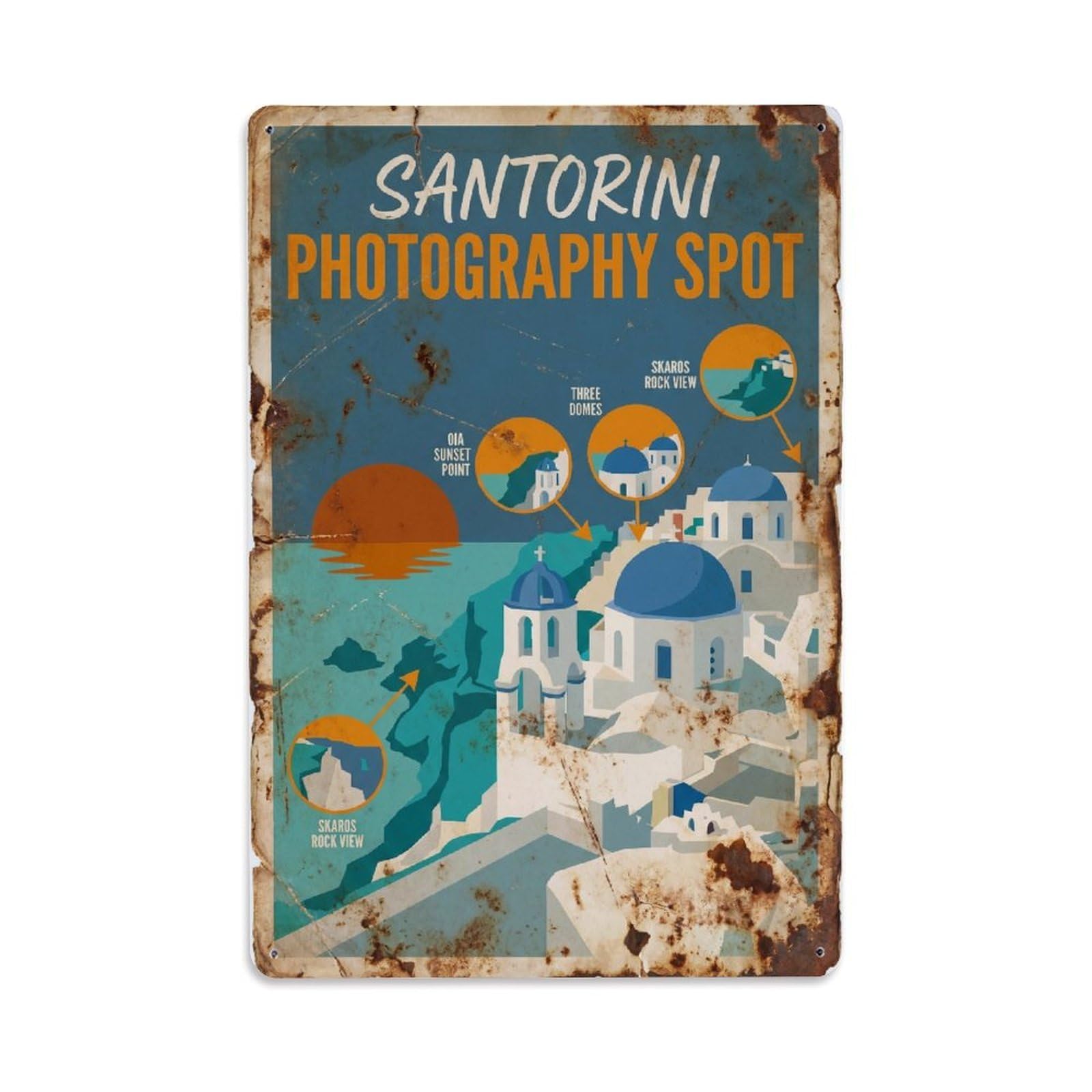 Este 8X12inch Style Vintage Travel Santorini Photography Spot Metal Tin Sign