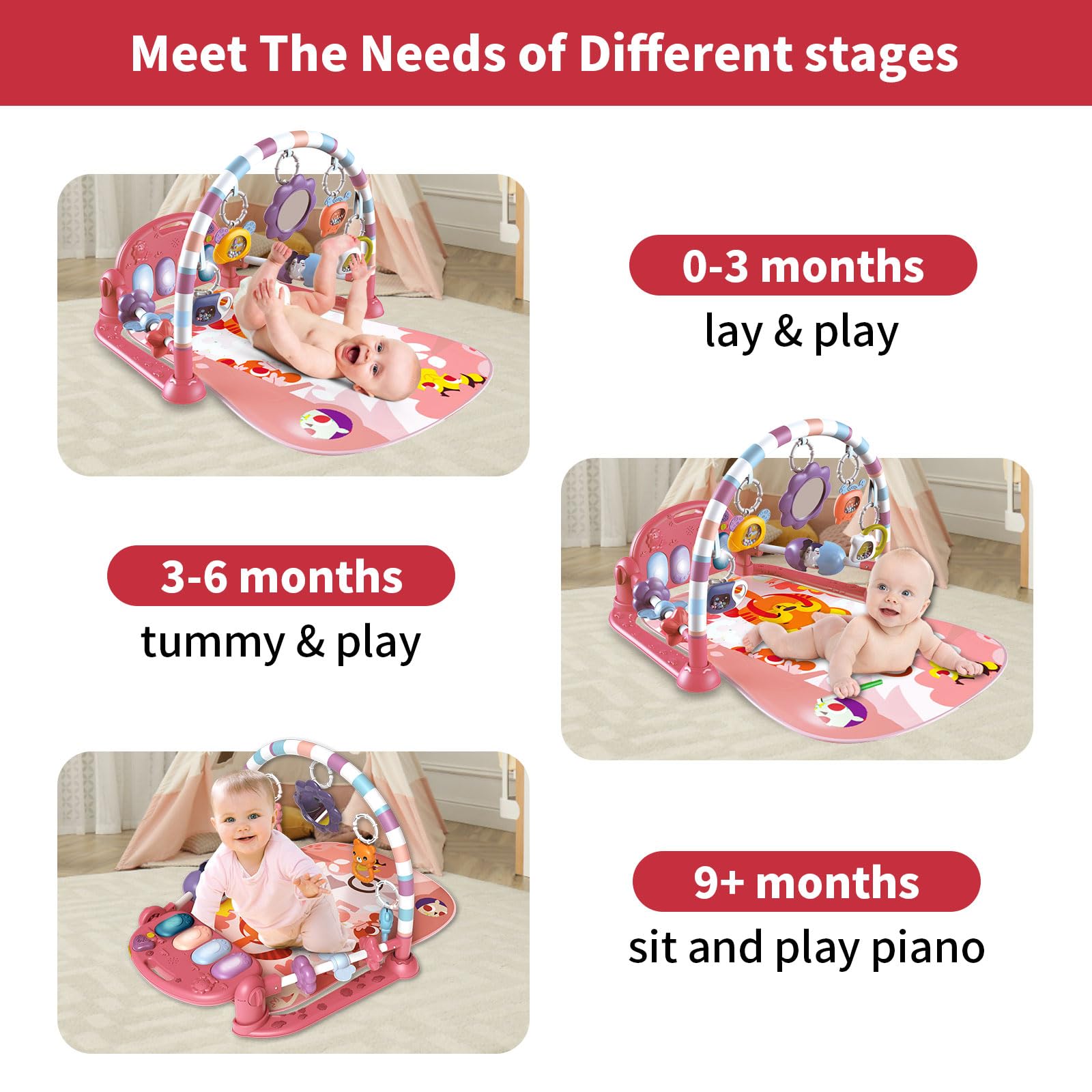 Tapete de juego de gimnasio para bebé, tapete de piano para bebé, luces para patear y jugar, juguetes para el tiempo boca abajo, para actividades musicales, visuales, auditivas, sensoriales, de 3