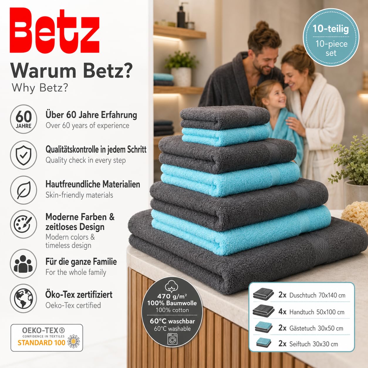 Betz Juego de 10 Toallas Classic 100% algodón 2 Toallas de baño 4 Toallas de Lavabo 2 Toallas de tocador 2 Toallas faciales de Color Turquesa y Gris Antracita