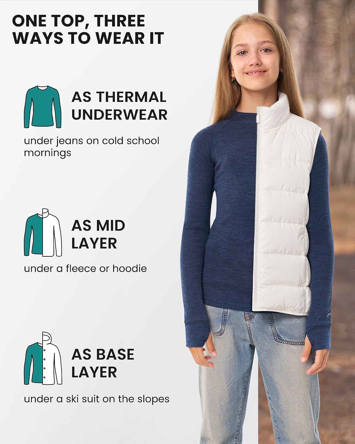 100% Merino Wool Kids Long Sleeve Turtleneck, Midweight Thermal Base Layer
