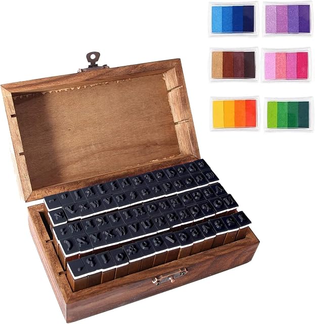 70pcs Alphabet Letters Stamps, BetterJonny Wooden Rubber Ink Stamp Kit with 6pcs Colorful Ink Pad Set for DIY Craft