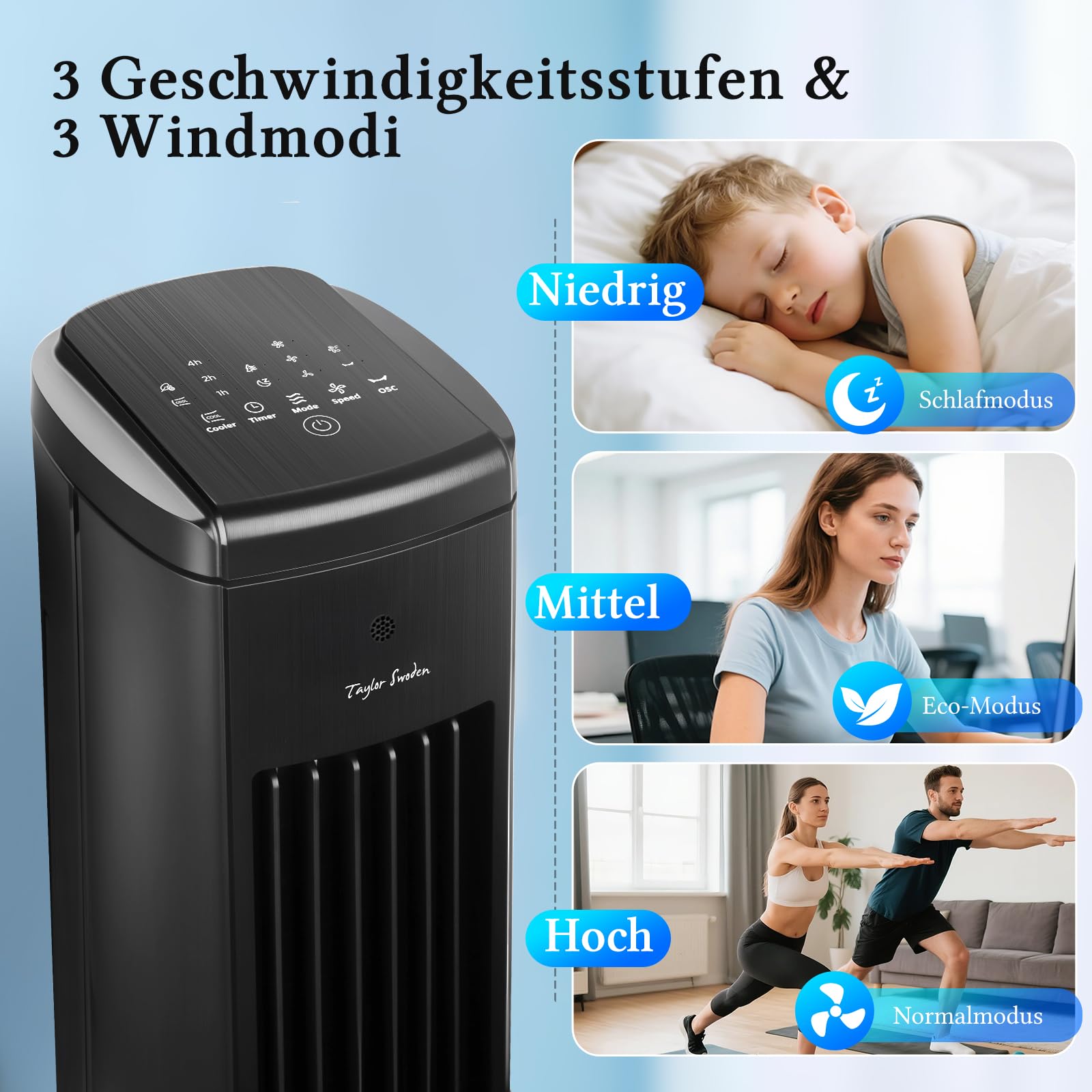 Taylor Swoden Turmventilator mit Wasserkühlung leise, 5-in-1 Luftkühler mit ION-Technologie & Aromadiffuser, 5L Wassertank, 75° Oszillation, 3 Geschwindigkeiten/Modi, 7h Timer, Fernbedienung, Schwarz