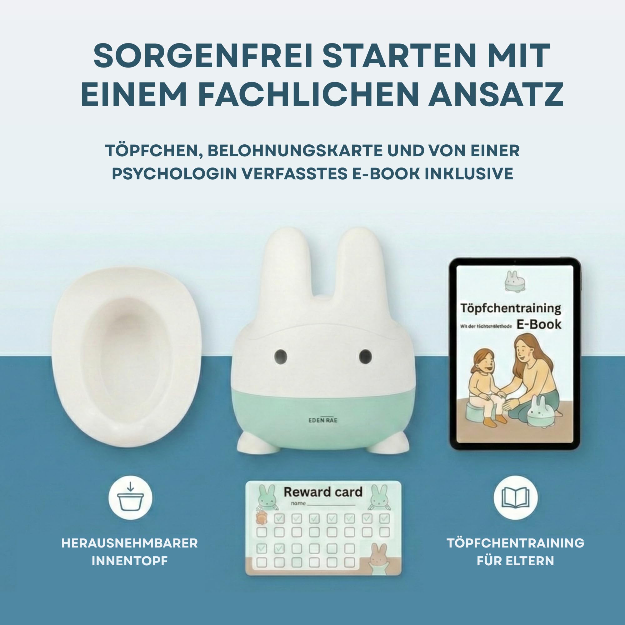 EDEN RAE® Orinal para niños – Cómodo inodoro infantil con tapa y diseño de conejo, ergonómico, antideslizante, sin BPA, incluye libro electrónico de entrenamiento y tarjeta de recompensas