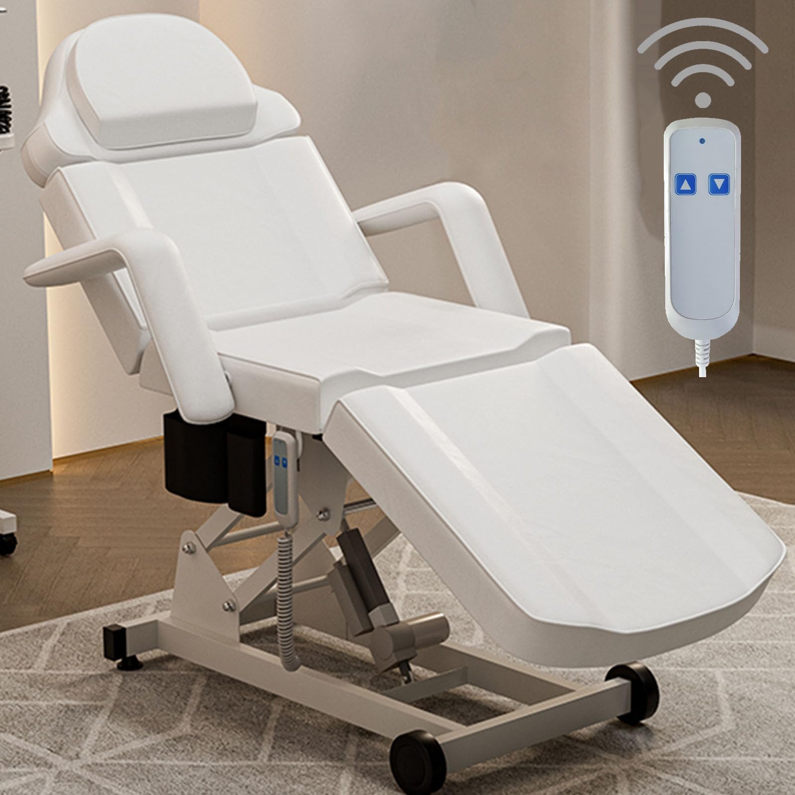 OKAKOPA Electric Lift Esthetician Bed Tattoo Chair for Client, Adjustable Backrest and Legrest Facial Spa Chair with Wheel, Massage Table for Beauty Microblading, Wax, White