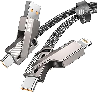 SHEZI 4 in 1 USB C Cable Lightning Cable 45W [Fast Charging & Data Sync] Flat Braided Anti-Tangle iPhone Charger Cord with Velcro, Multi Charging Cable Combo Lightning/Type C/USB A Ports [3ft]