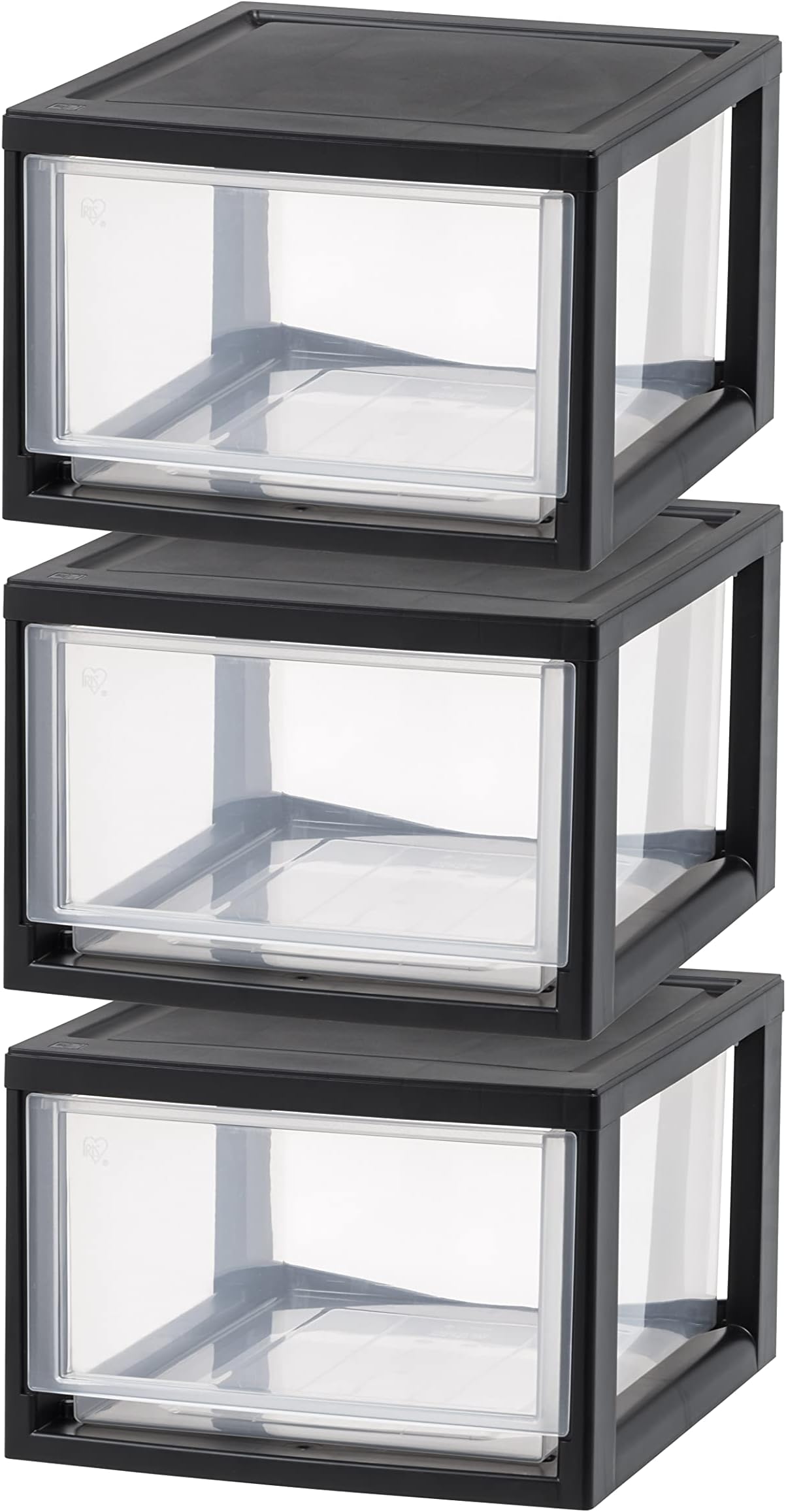 IRIS USA Stackable Storage Drawer, Plastic Drawer Organizer with Clear Doors for Pantry, Bedroom, Closet, Desk, Kitchen, Home and Office De-Clutter, Store Under-Sink, Shoes and Crafts - Black, 3 Pack