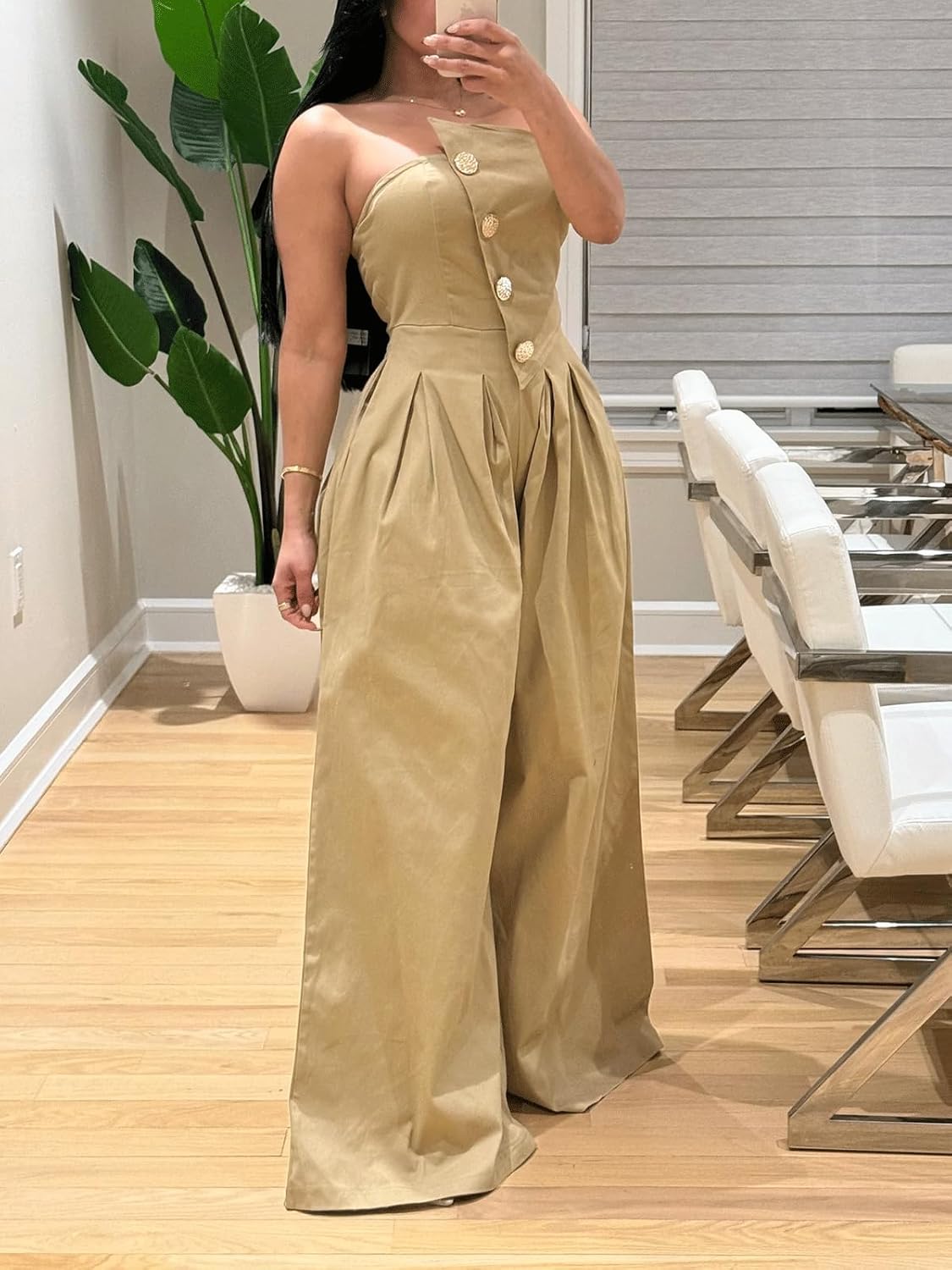 KANSOON Jumpsuits for Women Strapless Tube Top Wide Leg Long Pants Buttons Sexy One Piece Dressy Outfits - Image 4