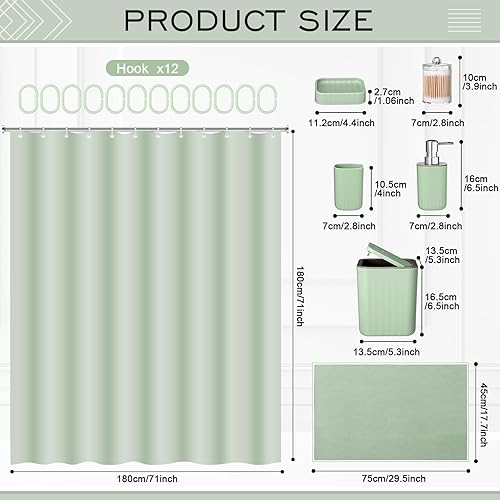 Miniatura 10 de Hosuly Juego de 9 piezas de accesorios de baño, cortina de ducha y 12 ganchos, dispensador de jabón, jabonera, tapete de baño antideslizante, taza y