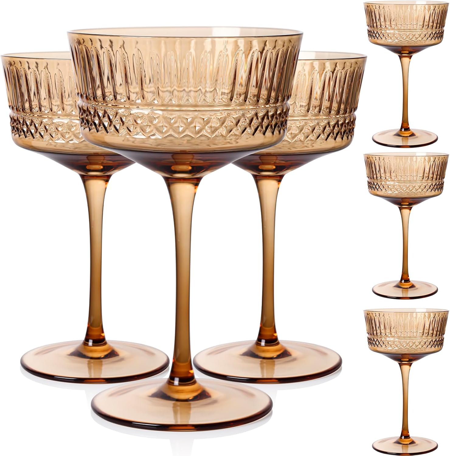 Amber Vintage Coupe Glass | Set of 6 | Large 9.3oz Stemmed Glassware Muted Vintage Glasses for Champagne, Cocktail, Margarita, Wine Glass, Christmas Gift Idea, Pastel Unique Speakeasy Style Goblet