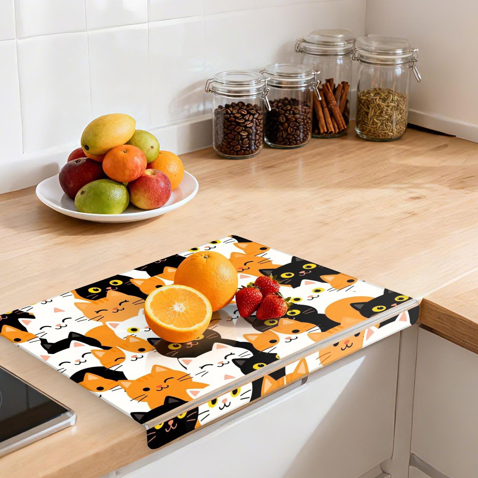 Tabla de cortar acrílica de tamaño grande 34 x 42 cm | Patrón impreso completo con borde elevado para mayor estabilidad para pasteles y pastelería, lindo amante de los gatos