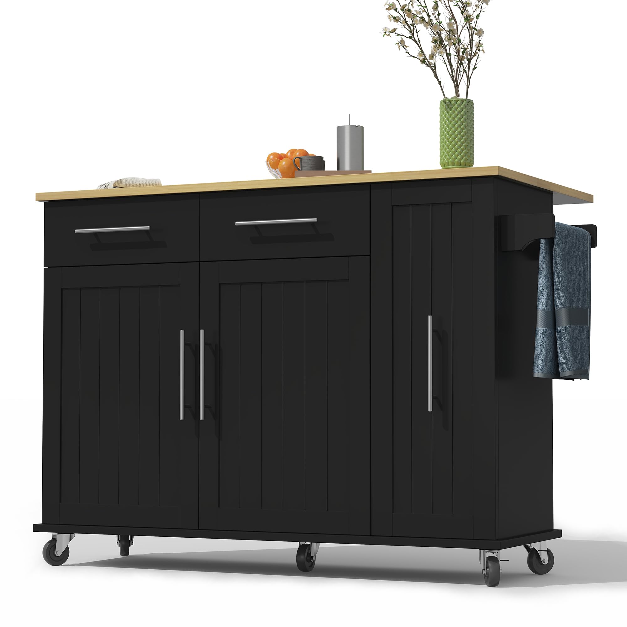 Merax Kücheninsel mit Klappbarer Arbeitsplatte, Kitchen island mit 5 Rollen, 2 Schubladen, Tier Pull Out Cabinet, Handtuchhalter und Gewürz, Küchenwagen, Küchenschrank für Küche, 120×65×90cm (Schwarz)