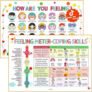 SAKVOGK Feelings Chart for Kids 2PCS - Emotions Poster Chart with Coping Skills - Waterproof Mental Health Posters, Calm Down Corner Supplies for kids,Toddlers School, Preschool, Homeschool