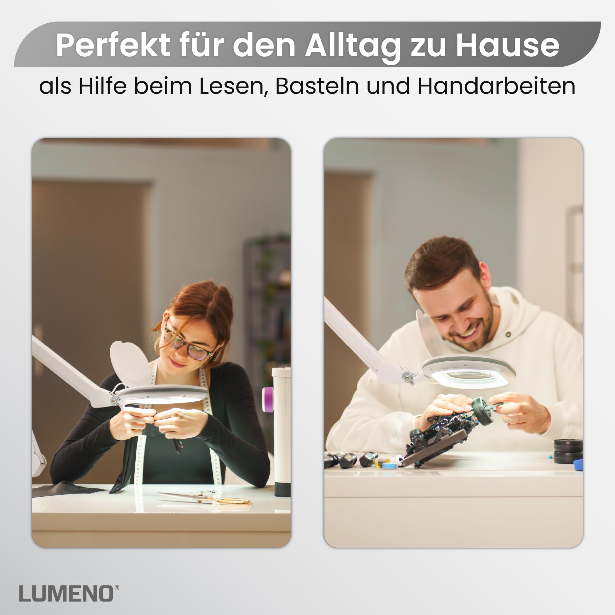 Lumeno 8615GR Lupenleuchte Arbeitsplatzlampe mit großer ovalen Linse 110x150 mm, 60 LEDs in 2 Stufen dimmbar, perfekt als Lesehilfe, für die Kosmetik oder zum Löten, 5 Dioptrien grau