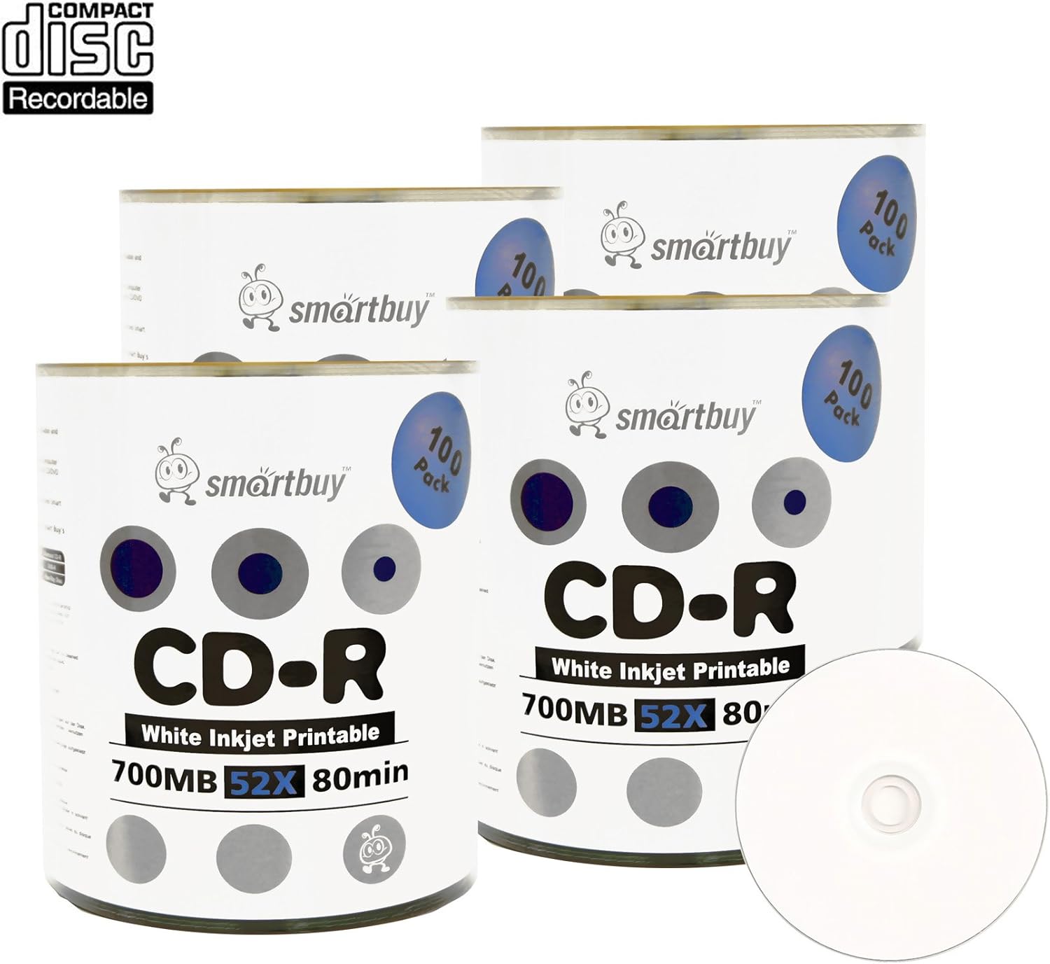 Smartbuy 400-disc 700mb/80min 52x CD-R White Inkjet Hub Printable Blank Recordable Media Disc