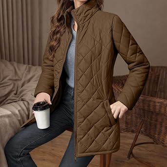 Jackets For Women Trendy Stand Collar Zip Up Diamond Quilted Coat Lightweight Solid Winter Jacket With Pockets