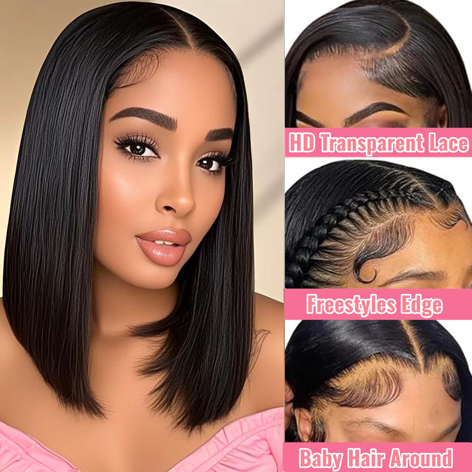 12 Inch Bob Wig Human Hair 13X4 HD Transparent Human Hair Bob Lace Front Wigs 180% Density Short Straight Frontal Bob Wigs for Black Women Natural Black - Image 2