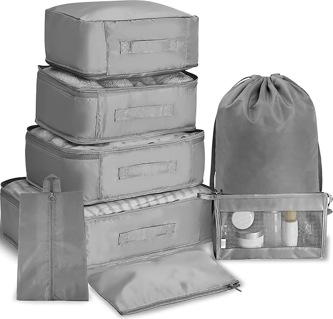 AARZOU Travel Organizer, 8Pcs, Grey Waterproof Clothes Organizer with