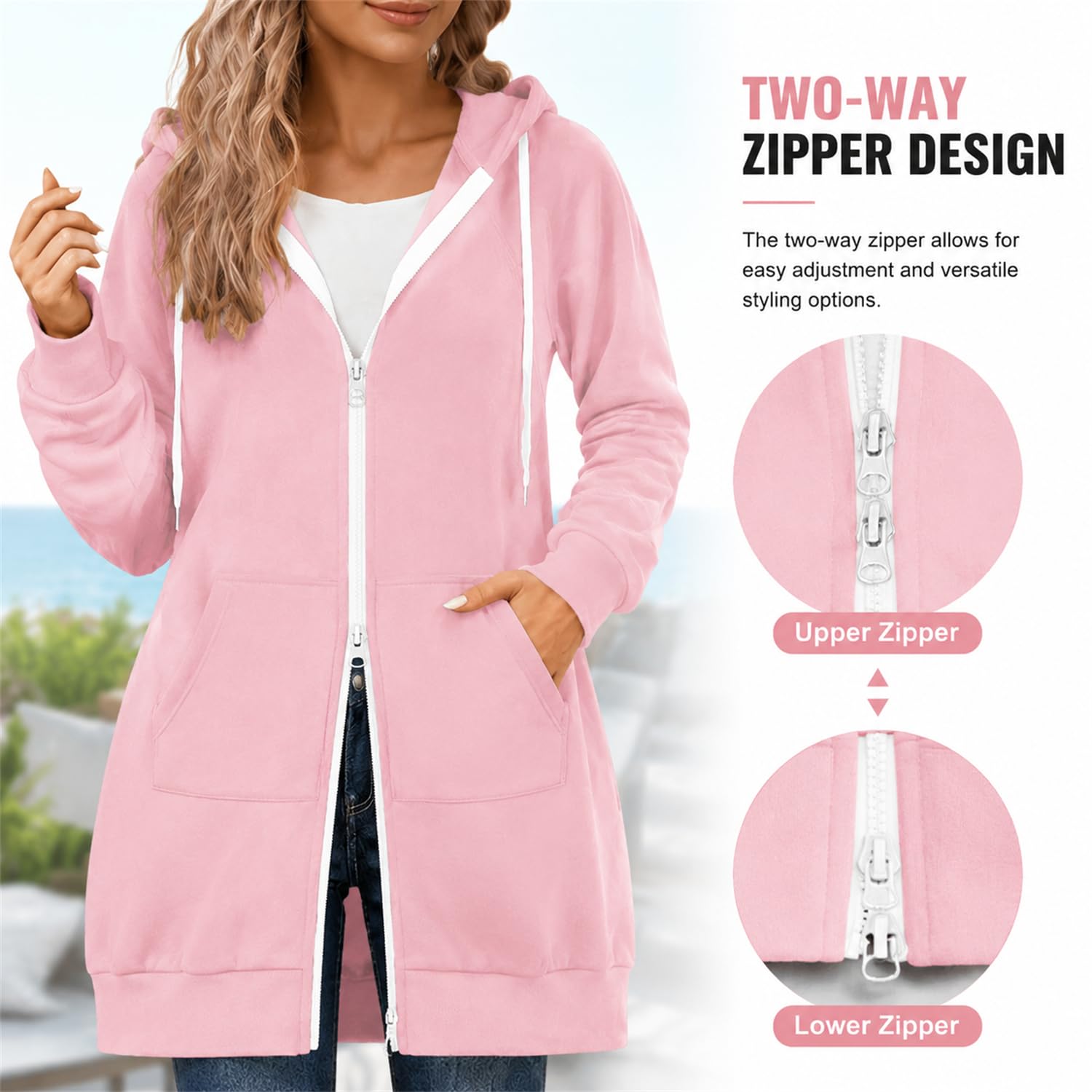 Długie bluzy z kapturem dla kobiet zapinana na zamek polarowa oversize bluza z długim rękawem | Swobodne bluzy z podwójnym zamkiem błyskawicznym, luźny krój z kieszeniami modne jesienne zimowe ubrania Y2k