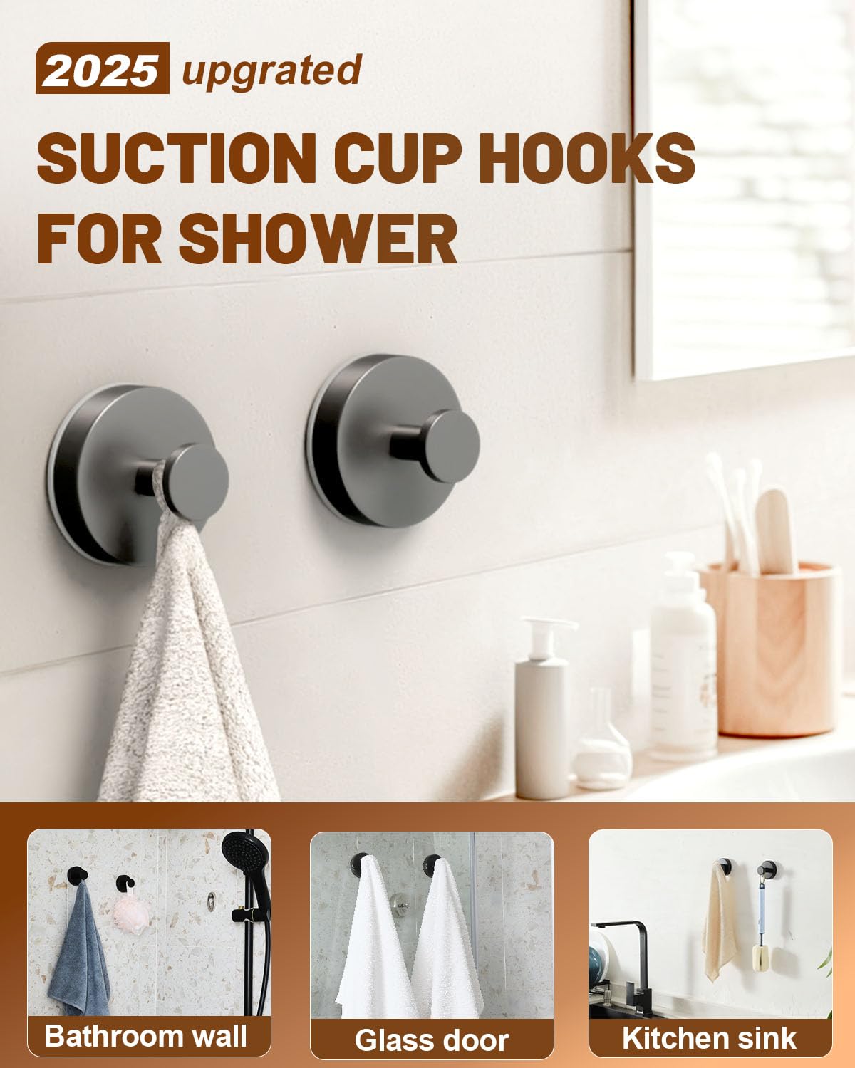 3Pcs Suction Cup Hooks for Shower, 2025 Upgraded Suction Cup Wreath Holder for Front Door Glass Door, No Drill Suction Cup Hooks for Shower Bathroom Kitchen Glass Door Mirror Loofah Towel (3, Black)