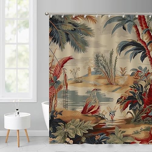 Miniatura 305 de Cortinas de ducha de baño con ganchos, 72 x 92 pulgadas, cortina de ducha de tela impermeable con diseño de flores y pájaros, cortina de ducha