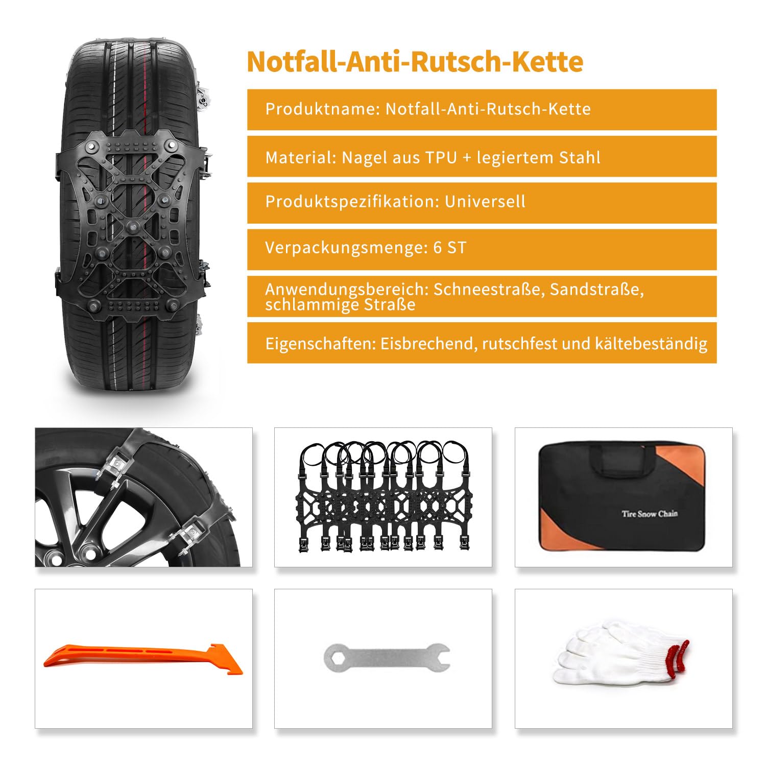 Chaine neige, Lot de 6 chaînes à neige universelles pour voiture - Pour pneus de 165 à 255 mm - Pour voiture/camion/SUV, antidérapant/universel/réglable