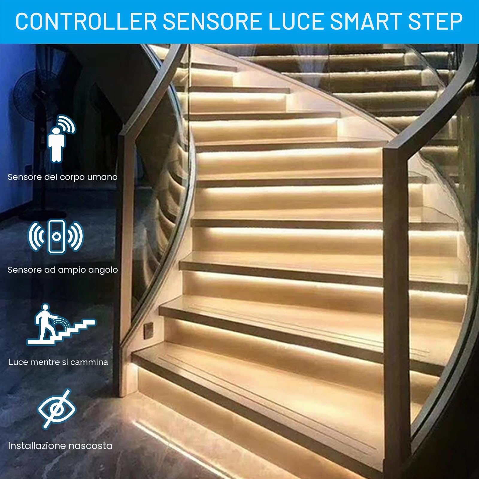 Illuminazione per gradini a LED con sensore di movimento, 20 livelli, set completo (luce calda 2700 K)
